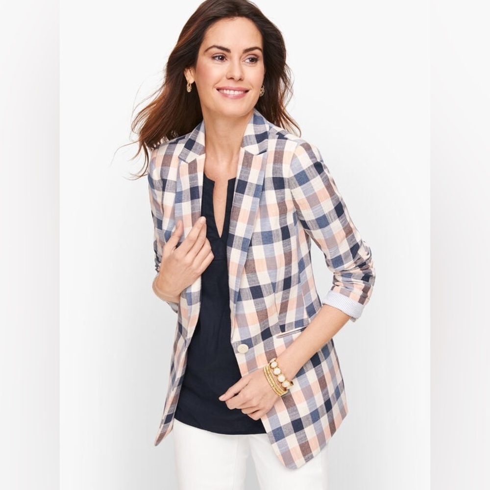 NEW Talbots VIVID PLAID BLAZER Checkered Blue Pink White Pastel sz 2